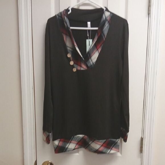 DRESSFO Plaid Trim Black Long Sleeve Top COWL NECK OR NOT! Size XL NWT - Picture 1 of 12